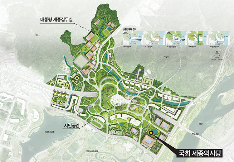 행정중심복합도시건설청이 지난해 12월 공개한 세종시 국가상징구역 종합계획안.대통령 세종집무실과 국회 세종의사당은 향후 건축 설계 공모를 진행할 예정이다. 행정중심복합도시건설청 제공 