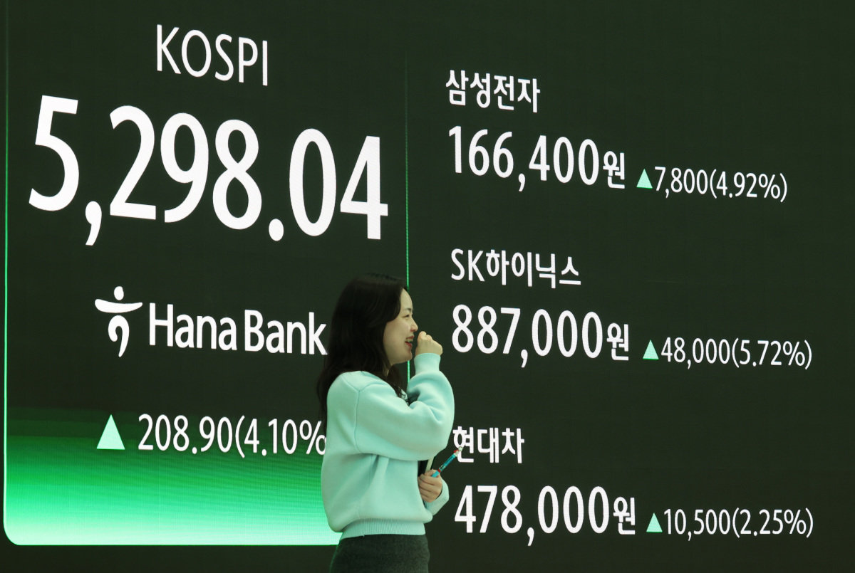 2월 첫째 주 높은 변동 폭을 보이며 5000 선 아래로 떨어진 코스피는 2월 9일 4.10% 상승해 5298.04로 마감됐다. 사진은 2월 9일 서울 중구 하나은행 딜링룸. 뉴시스 