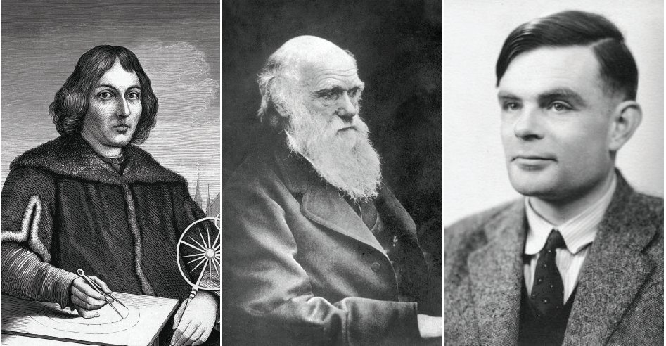 니콜라우스 코페르니쿠스, 찰스 다윈, 앨런 튜링(왼쪽부터)은 모두 다른 시대에 살았던 과학자지만 과학적 발견 및 추론으로 당시 인간의 지위와 정체성을 뒤흔들었다는 공통점이 있다. GETTYIMAGES ·동아DB