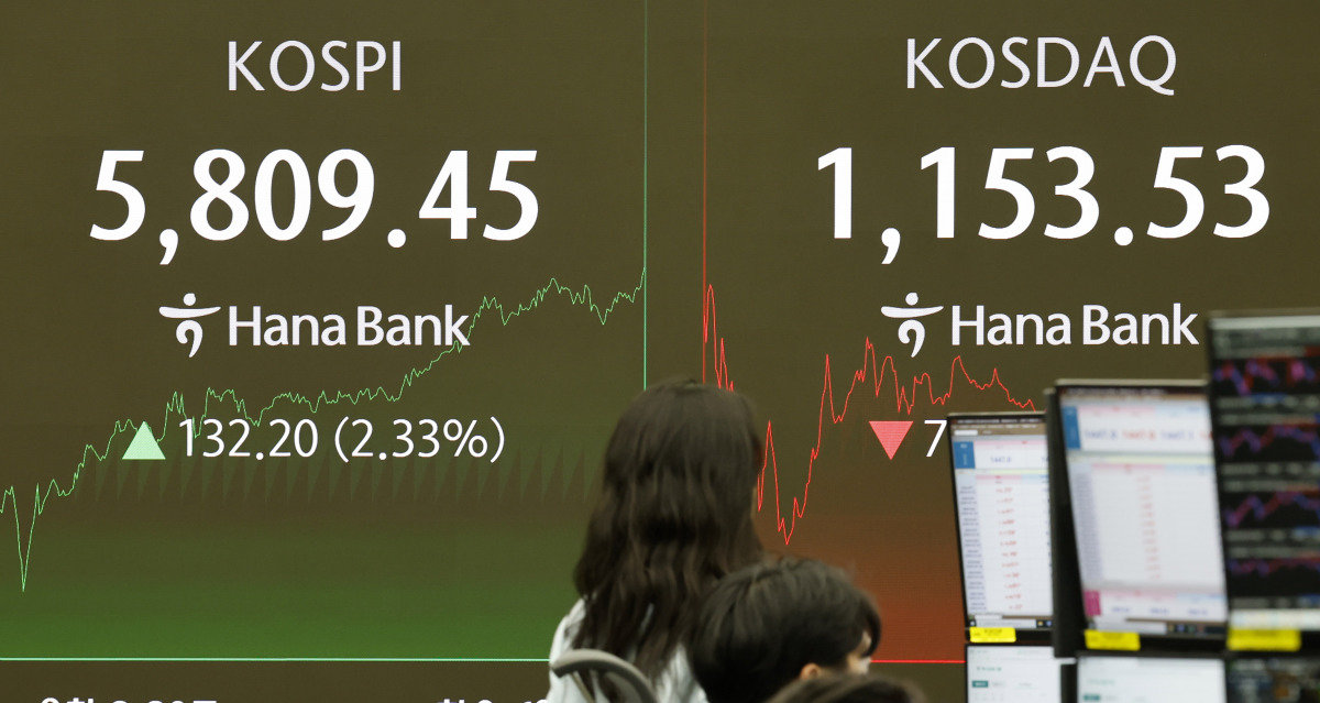코스피가 사상 처음 5800 고지를 밟은 2월 20일 오후 서울 중구 하나은행 딜링룸 전광판에 지수가 표시돼 있다. 뉴시스