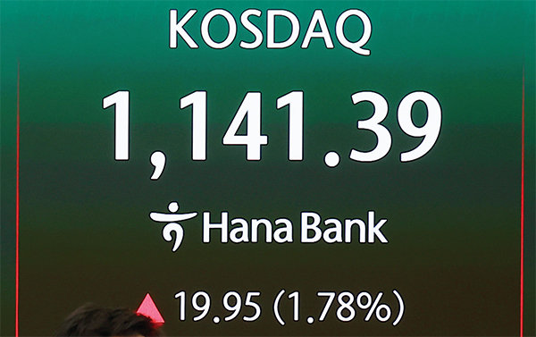 3월 25일 코스닥 지수가 미국-이란 휴전 기대감에 전 거래일(1121.44)보다 19.95포인트(1.78%) 오른 1141.39를 기록하고 있다. 사진은 서울 중구 하나은행 딜링룸 전광판. 뉴시스