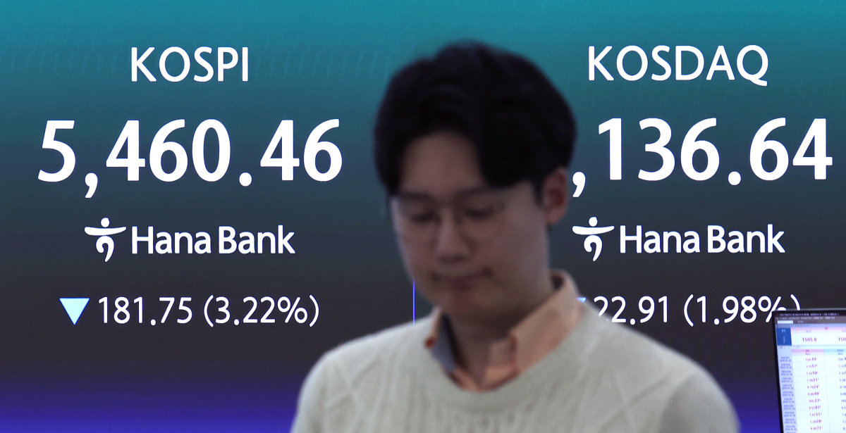 3월 26일 오후 서울 중구 하나은행 딜링룸 전광판에 증시 종가가 표시돼 있다. 이날 코스피는 전 거래일 대비 181.75포인트(3.22%) 내린 5460.46으로 마감했다. 코스닥도 22.91포인트(1.98%) 내린 1136.64로 장을 마쳤다. 뉴스1