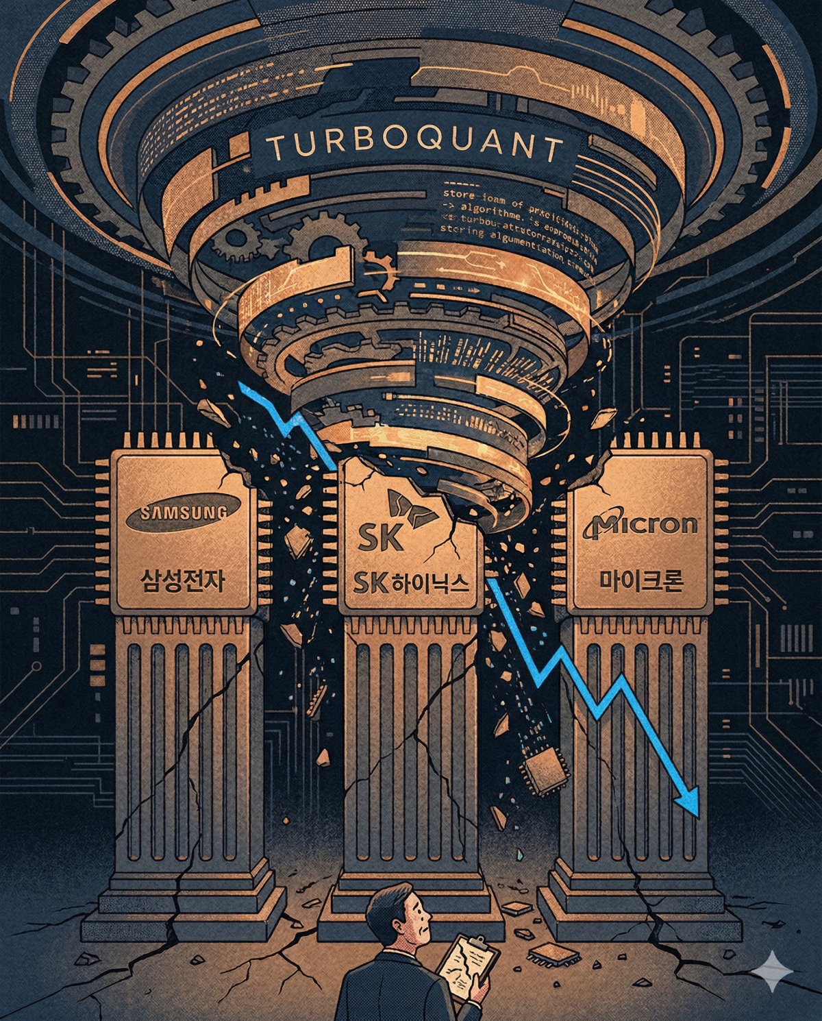 구글이 ‘터보퀀트(TurboQuant)’ 기술을 소개한 뒤 삼성전자, SK하이닉스, 마이크론테크놀로지 등 메모리 반도체 기업 주가가 급락했다가 반등했다. 제미나이 생성 이미지