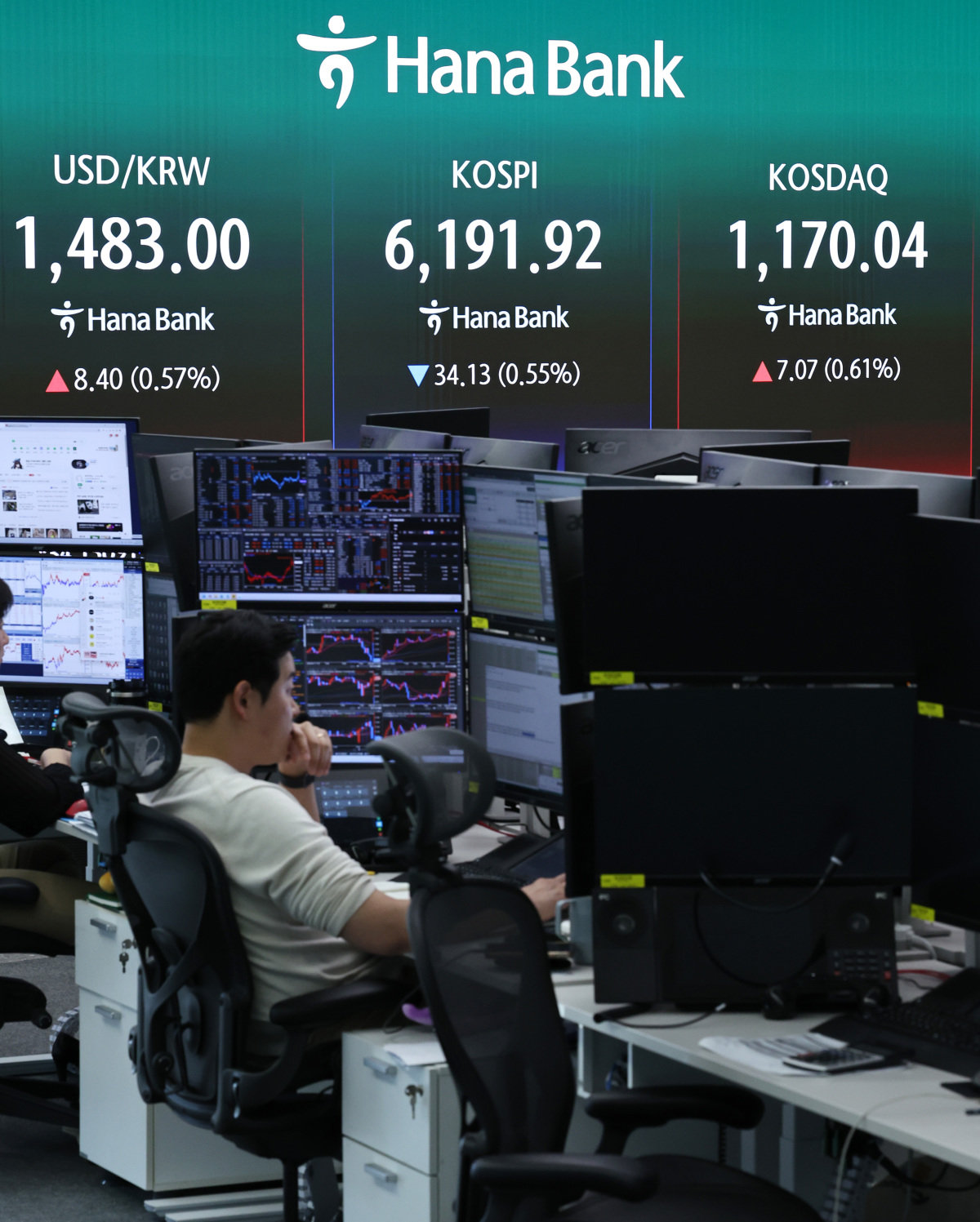 4월 17일 서울 중구 하나은행 본점 딜링룸 전광판에 코스피 종가가 표시돼있다. 뉴스1.