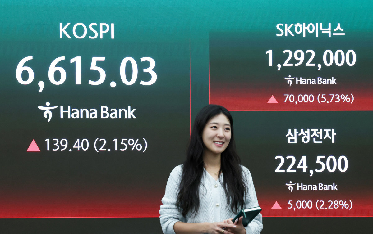 코스피가 종가 기준 사상 최고치를 경신한 4월 27일 오후 서울 중구 하나은행 딜링룸 전광판에 코스피와 삼성전자, SK하이닉스 종가가 표시돼 있다. 뉴스1