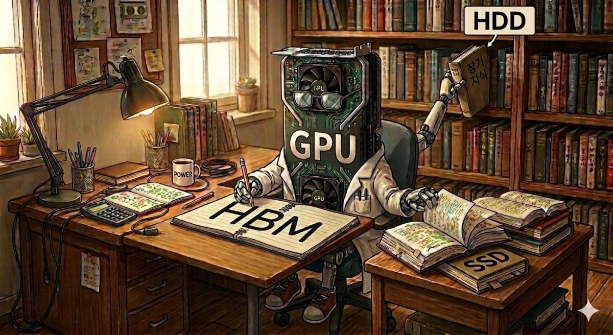 추론형 인공지능(AI)의 데이터 처리 과정은 GPU(그래픽처리장치)라는 연구자가 책상 위 메모장, 보조 책상 위 참고 자료, 책장 속 책을 오가며 작업을 이어가는 모습에 비유할 수 있다. 제미나이 생성 이미지 
