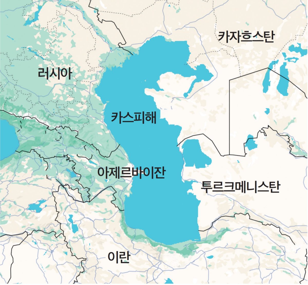 카스피해는 북동쪽으로는 카자흐스탄, 북서쪽으로는 러시아, 남서쪽으로는 아제르바이잔, 남쪽으로는 이란, 남동쪽으로는 투르크메니스탄과 접하고 있다. 구글 맵스