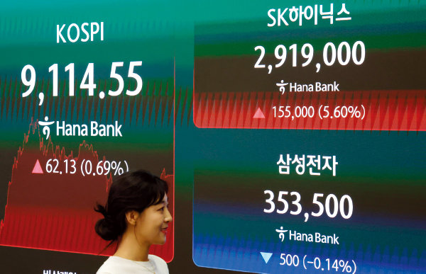 6월 22일 서울 중구 하나은행 본점 딜링룸 전광판에 코스피와 삼성전자, SK하이닉스 주가가 표시돼 있다. 이날 코스피는 종가 기준 사상 최고치를 기록했다. 동아DB 