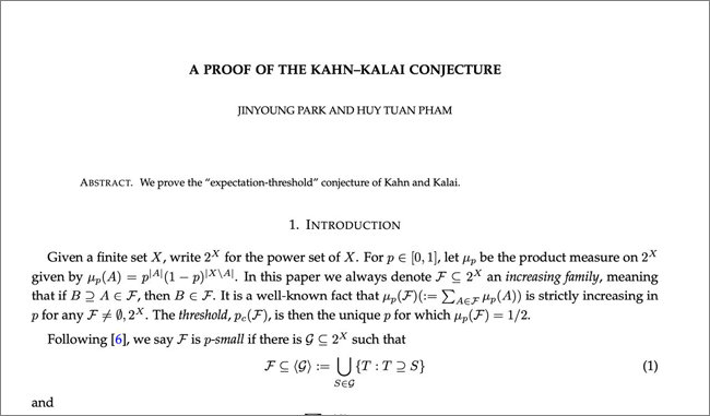 박진영 스탠포드 연구조교수와 박사 후보생 후이 투안 팜(Hui Tuan Fham)이 쓴 ‘칸-칼라이 추측 증명’ 첫 페이지. [아카이브 캡처] 