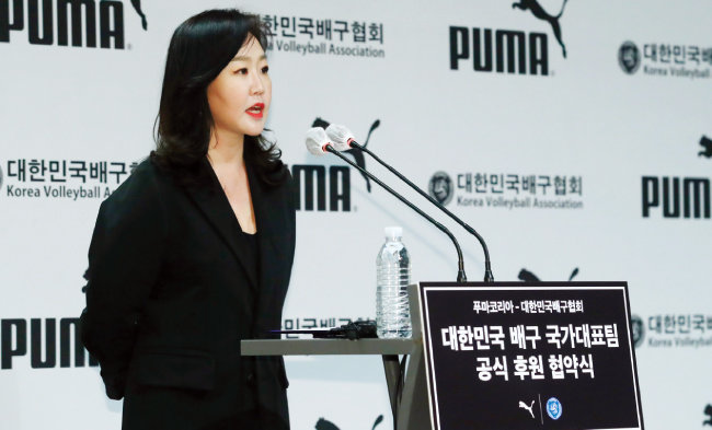 4월 28일 이나영 푸마코리아 대표가 ‘대한민국 남녀 배구 국가대표팀 공식 후원 협약식’에서 인사말을 하고 있다.