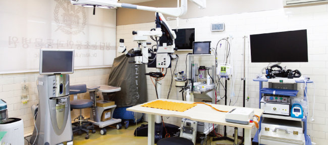 안재상 청담 눈초롱 안과동물병원 원장(왼쪽). 수의안과 치료에 최적화된 장비를 갖춘 수술실.