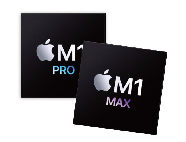 애플이 2021년 10월 맥북프로 14인치·16인치 모델과 함께 발표한 M1 pro, M1 max 칩. 중앙처리장치, 시스템메모리, 신경망처리장치 등이 하나의 칩에 들어있는 시스템 온 칩(system on chip)이다.