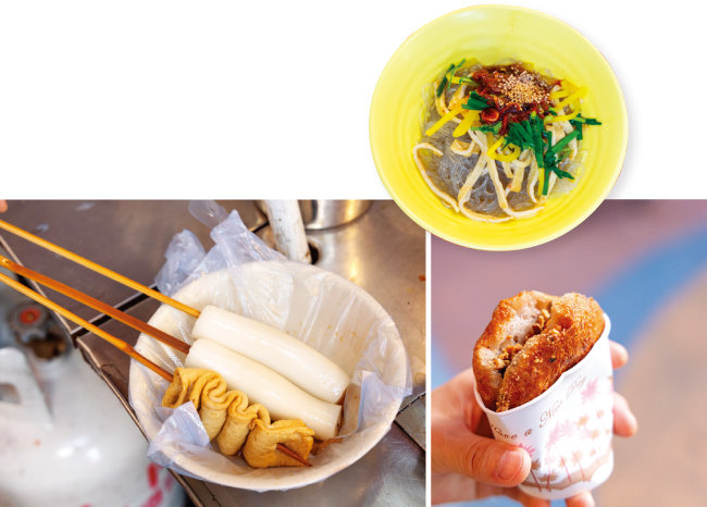 부산 부평깡통시장에서 즐길 수 있는 물떡, 씨앗호떡, 비빔당면(왼쪽부터).