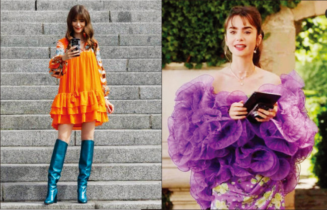아이리스 아펠과 H&M의 컬래버레이션 의상을 입은 ‘에밀리, 파리의 가다’ 주인공 릴리 콜린스.