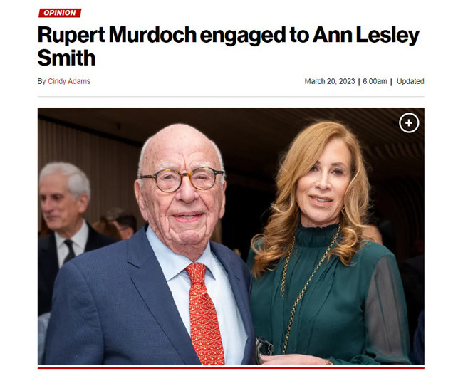 ‘뉴욕포스트’는 루퍼트 머독과 앤 레슬리 스미스가 26세 나이차를 극복하고 결혼할 계획이라고 3월 20일 보도했다. [‘뉴욕포스트’ 온라인 화면 캡처]