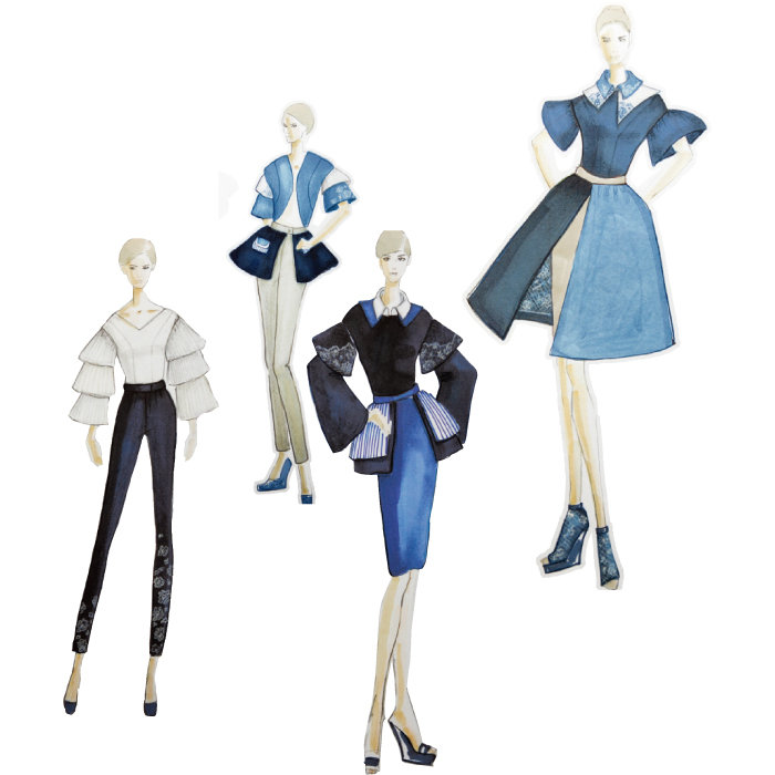2012년 파슨스대학교에서 제작한 패션 포트폴리오. 여성스러운 무드를 자아내는 S/S 컬렉션이다. ‘Blue Spring, 2012’