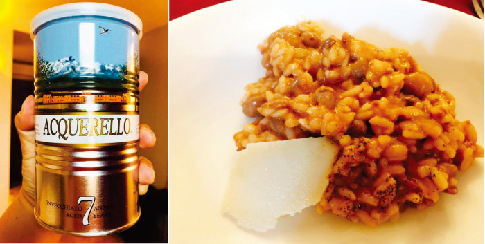 이탈리아 쌀 브랜드 아퀘렐로는 최대 7년간 숙성된 쌀을 캔에 넣어 판매한다.(왼쪽) 아퀘렐로 쌀로 만든 토리노식 리소토. 