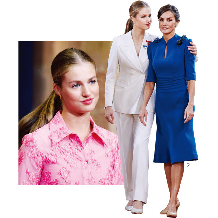 우아한 핑크 드레스는 디자이너 브랜드 제품으로 가격은 52만 원이다.(왼쪽). 화이트 슈트 차림으로 스페인 왕실 ‘후계자의 맹세’에 참석한 레오노르 공주와 레티시아 왕비.
