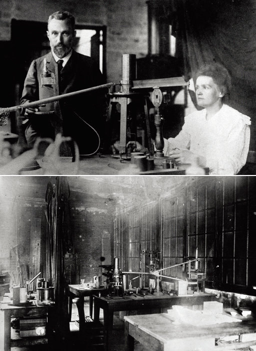 1904년 피에르 퀴리와 마리 퀴리(위). 1900년 마리 퀴리의 실험실.