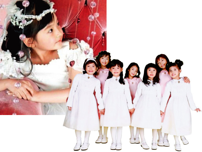 키즈 모델로 활동할 당시(위) 7공주 활동 당시의 박유림 강사(앞줄 왼쪽에서 두 번째).