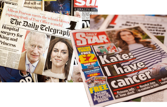 찰스 국왕과 케이트 미들턴의 암 투병 사실을 다루고 있는 언론들. 