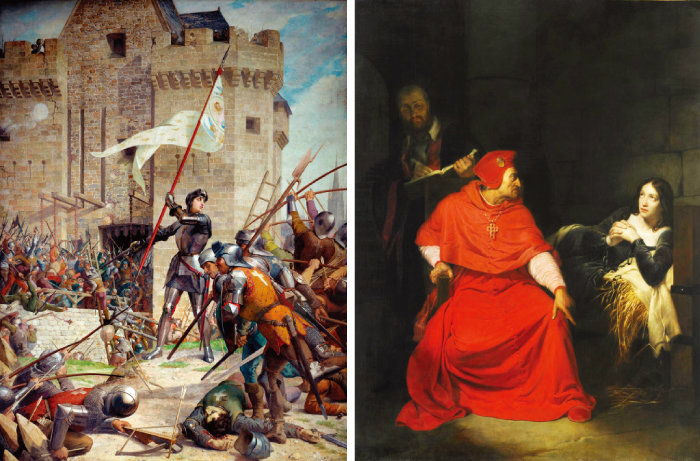 오를레앙 전투에서의 잔 다르크 - 쥘 외젠 르느뵈의 작품(왼쪽). 잉글랜드 헨리 보퍼트 추기경에게 심문을 받고 있는 잔 다르크 - 이폴리트 들라로의 작품. 