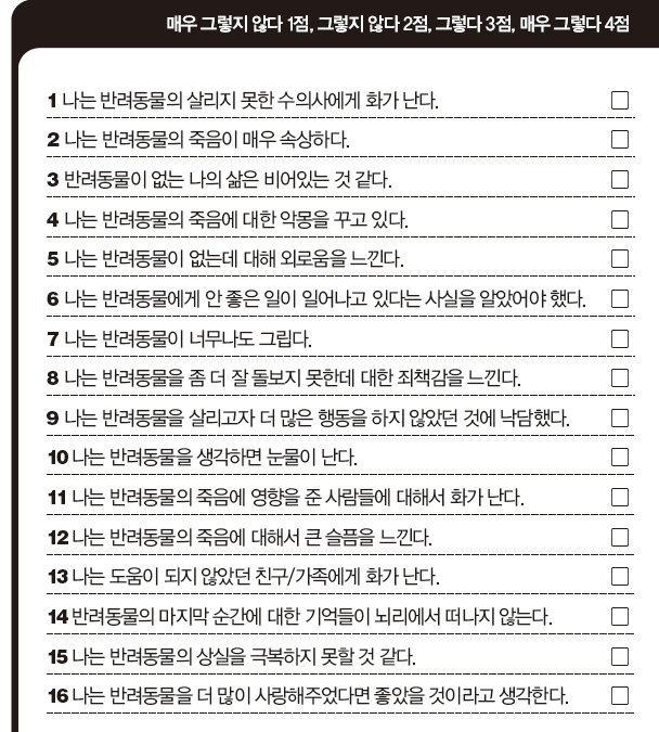 *참고문헌: Melissa G. Hunt & Yaniz C. P. Dalmau (2006) Development of the Pet Bereavement Questionnaire Anthrozoos A Multidisciplinary Journal of The Interactions of People & Animals, 19(4), 308-324