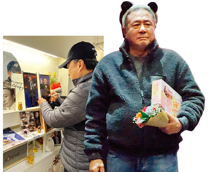 배우 이상민이 
자신의 생일 카페에서 인증하는 모습(왼쪽). 영화 ‘파묘’ 무대인사에서 최민식에게 귀여운 머리띠를 씌우는 ‘할꾸(할아버지 꾸미기’가 유행했다.