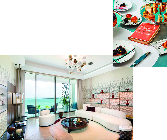 바쉐론콘스탄틴이 두바이 만다린 오리엔탈 주메이라 호텔과 협업한 ‘스위트 1755’ 객실(왼쪽). 티파니의 ‘더 블루 박스 카페’에서는 브랜드의 정교한 감각을 엿볼 수 있다. 