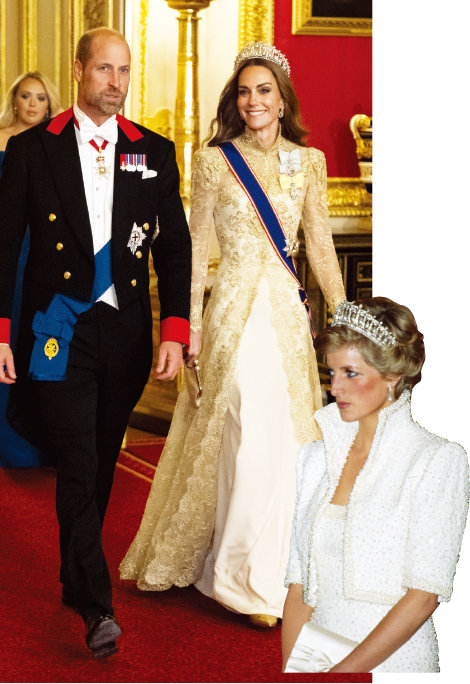 2025년 9월 트럼프 국빈 만찬 당시 2000억 상당의 티아라를 착용한 케이트 미들턴. 해당 티아라는 그녀의 시어머니인 다이애나 빈의 최애 티아라이기도 하다. 