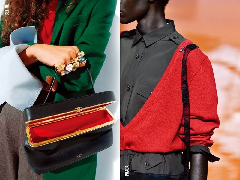 어깨 라인의 작은 라벨로 지적인 미학을 드러낸 프라다(오른쪽).