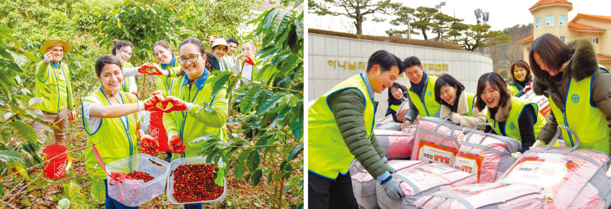 전 세계 희망서포터즈 ‘Hold Hope!’ 캠페인을 통해 일손 부족으로 어려움을 겪는 푸에르토리코의 농장에서 커피콩 수확을 도우며 힘을 보탠 하나님의 교회 신자들(왼쪽). 또한 하나님의 교회는 올해 설을 맞아 전국 약 260개 지역 관공서를 통해 취약계층 5800여 세대에 겨울이불(2억5000만 원)을 전달했다. 하나님의 교회 제공