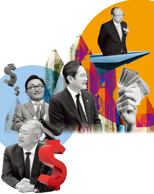 한화 김승연 회장, 이재용 삼성전자 회장, 박현주 미래에셋 회장, 정의선 현대차 회장(오른쪽 위부터 시계방향).