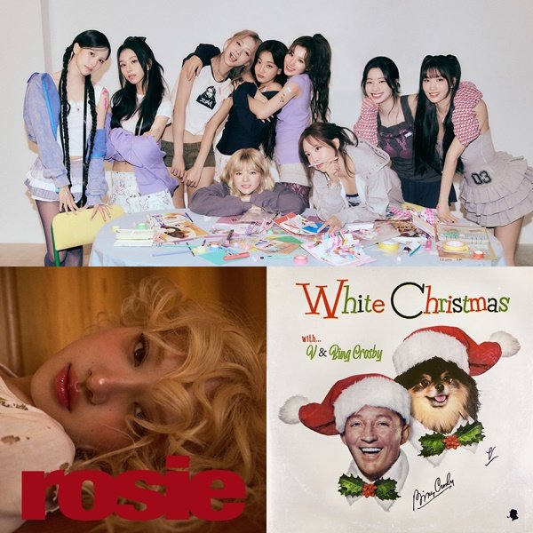 Group Twice, BTS V, and Blackpink Rosé (clockwise from top left) will release new songs simultaneously on the 6th. Photo courtesy of JYP Entertainment, Big Hit Music, The Black Label