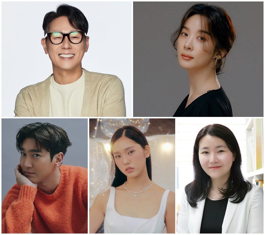 Singer Yoon Jong-shin, actress Lee Chung-ah, social psychology professor Park Ji-sun, Oh My Girl‘s Mimi, and Super Junior’s Choi Si-won (clockwise from top) appearing as studio MCs on Channel A‘s new entertainment program ‘Heart Pairing’. Photo courtesy of Channel A