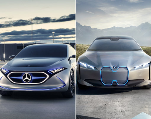 메르세데스-벤츠의 콤팩트 사이즈 전기차 ‘컨셉트 EQA’(왼쪽)와 BMW의 ‘i 비전 다이내믹스’는 각각 400∼600km에 이르는 장거리 주행능력과 제로백 4∼5초대의 고성능으로 무장하고 전기차 시장 선점을 노리고 있다.사진제공｜메르세데스-벤츠, BMW