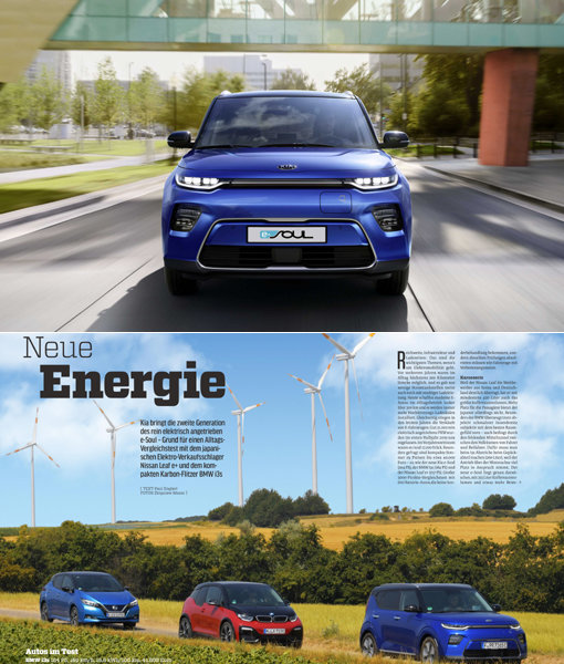 기아자동차 ‘쏘울 EV’가 독일의 유명 자동차 잡지 ‘아우토 자이퉁’에서 실시한 소형 전기차 비교평가에서 1위에 오르며 가장 경쟁력 있는 모델로 선정됐다. 아래쪽 사진은 아우토 자이퉁의 전기차 비교평가 지면. 사진제공｜기아차