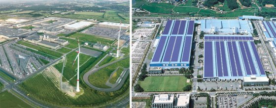 풍력 등 신재생 에너지로 자동차 생산에 필요한 전력을 모두 충당하고 있는 독일 BMW의 라이프치히 공장(왼쪽 사진)과 대규모 지붕형 태양광 발전시스템을 구축한 현대자동차 아산공장의 전경. BMW코리아·현대자동차 제공