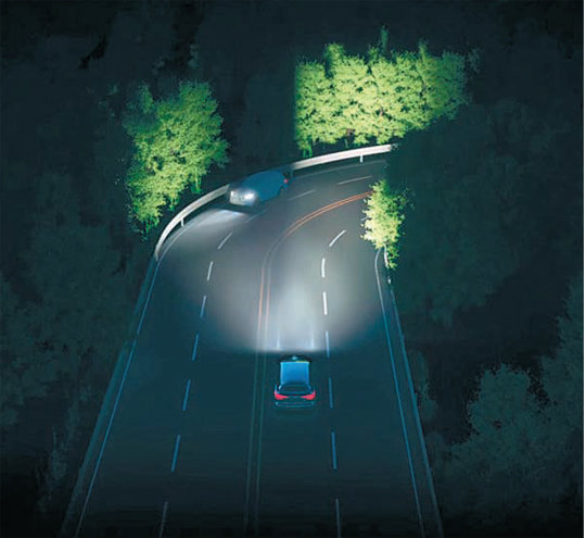 지능형 헤드램프는 야간 주행 때 주변 상황을 카메라와 센서로 인식해 상대방 운전자에게 눈부심을 주지 않도록 빛을 조절하면서 주행 방향의 노면을 밝게 비춘다. 현대모비스 제공