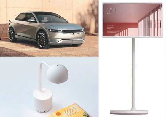 세계 3대 디자인상 중 하나로 꼽히는 ‘IDEA’에서 수상작으로 선정된 현대자동차 ‘아이오닉5’, LG전자 ‘스탠바이미’, 네이버 ‘클로바램프’(왼쪽 위 사진부터 시계 방향). 각 업체 제공