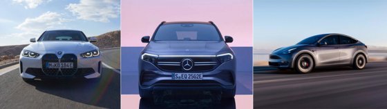 BMW의 i4, 벤츠의 EQA, 테슬라의 모델3(왼쪽 사진부터)는 국내 전기차 시장에서 올해 1000대 이상 팔린 ‘인기 모델’들이다. 각 사 제공