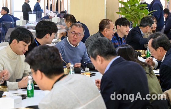 정의선 현대자동차그룹 회장이 3일 남양연구소에서 열린 신년회가 끝난 뒤 사내식당에서 직원들과 점심을 함께 하고 있다.