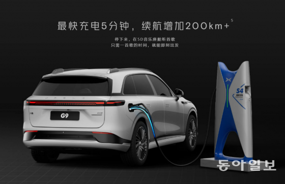 5분 충전으로 200킬로미터 이상을 갈 수 있다고 광고하는 샤오펑의 G9. 테슬라 모델Y와 경쟁하는 모델이다. 샤오펑 홈페이지