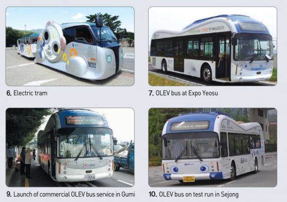 한국에서 OLEV 시범사업으로 운행했던 전기트램과 전기버스들. 와이파워원 홈페이지