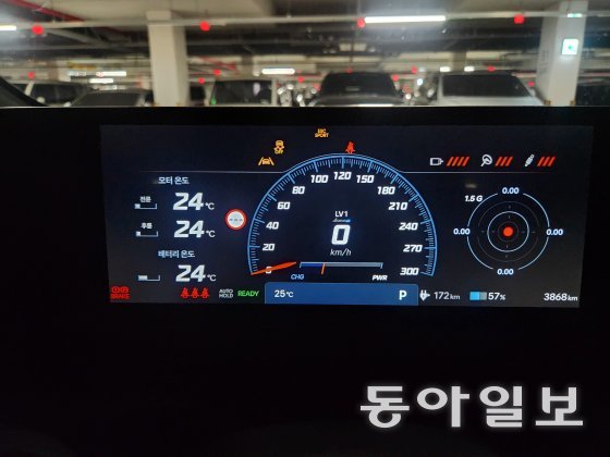 아이오닉5N 차량 운전석 앞 계기판에 배터리와 모터의 온도가 24도로 표시돼 있다. 한재희 기자 hee@donga.com