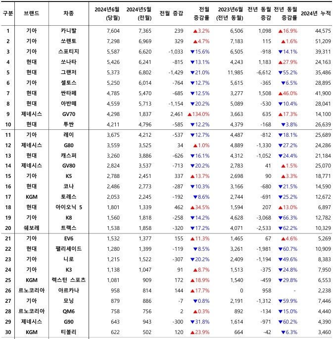 2024년 6월, 국산 차량 모델별 신차등록 대수 / 출처=카이즈유데이터연구소