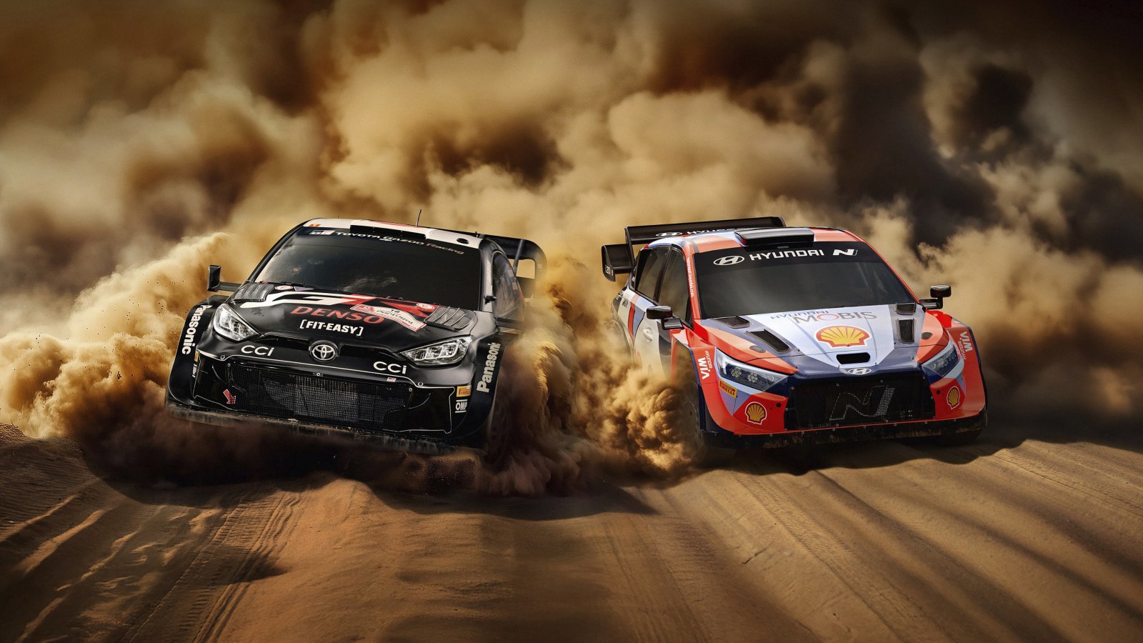 올해 국제자동차연맹(FIA) 월드 랠리 챔피언십(WRC)에 참가한 현대자동차 ‘i20 N 랠리 1’(오른쪽)과 도요타 ‘GR야리스 랠리 1’ 차량의 경합을 형상화한 그래픽 이미지(현대차그룹 제공). 2025.12.22.