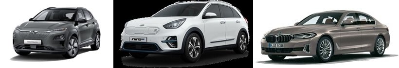 왼쪽부터 현대차 코나 일렉트릭, 기아 니로 전기차, BMW 520i.(국토교통부 제공)