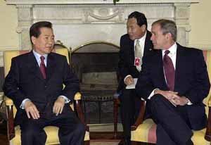 김대통령과 조지 W 부시 미국대통령이 8일 새벽(한국시간) 백악관의 대통령집무실에서 정상회담을 하고 있다.