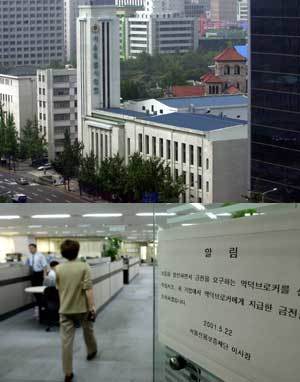 서울시의회 사진(위쪽) 보증 브로커의 출입을 금지한다는 '시위성' 안내문